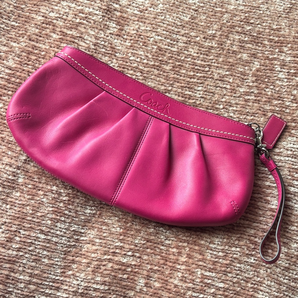 Coach Hot Pink Leather Pleated Wristlet Clutch